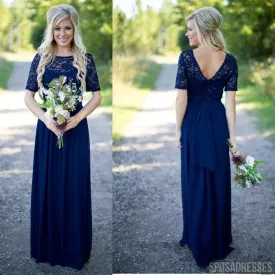 1/2 Long Sleeves Navy Lace Long Bridesmaid Dresses Online, WG789