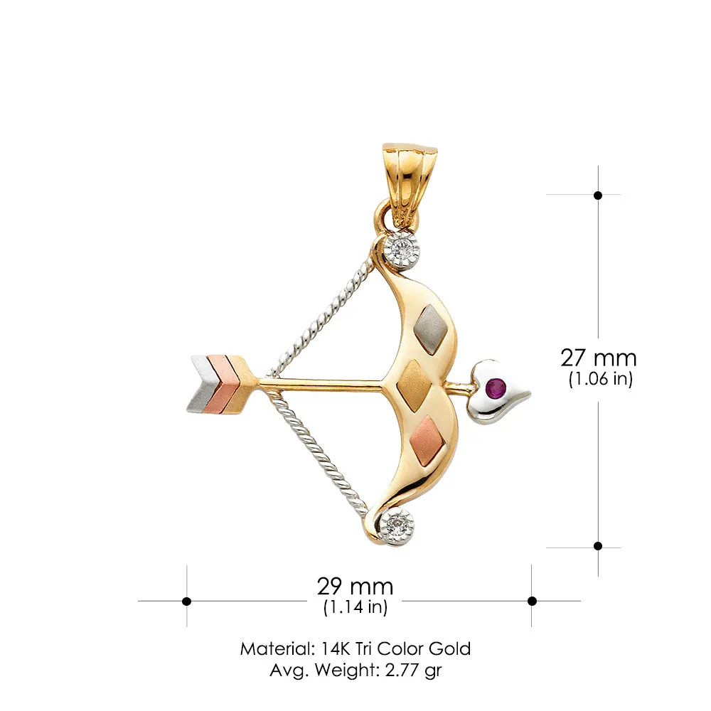 14K Gold CZ Bow & Arrow Charm Pendant with 3.8mm Figaro 3 1 Chain Necklace