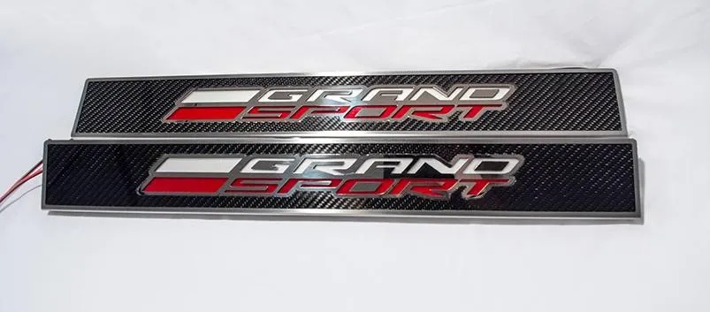 2014-2019 C7 Corvette - Light Up GRAND SPORT Replacement Door Sills 2Pc - Carbon Fiber w/Stainless Trim