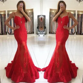 2020 formal spaghetti straps mermaid red long evening dresses, PD8583