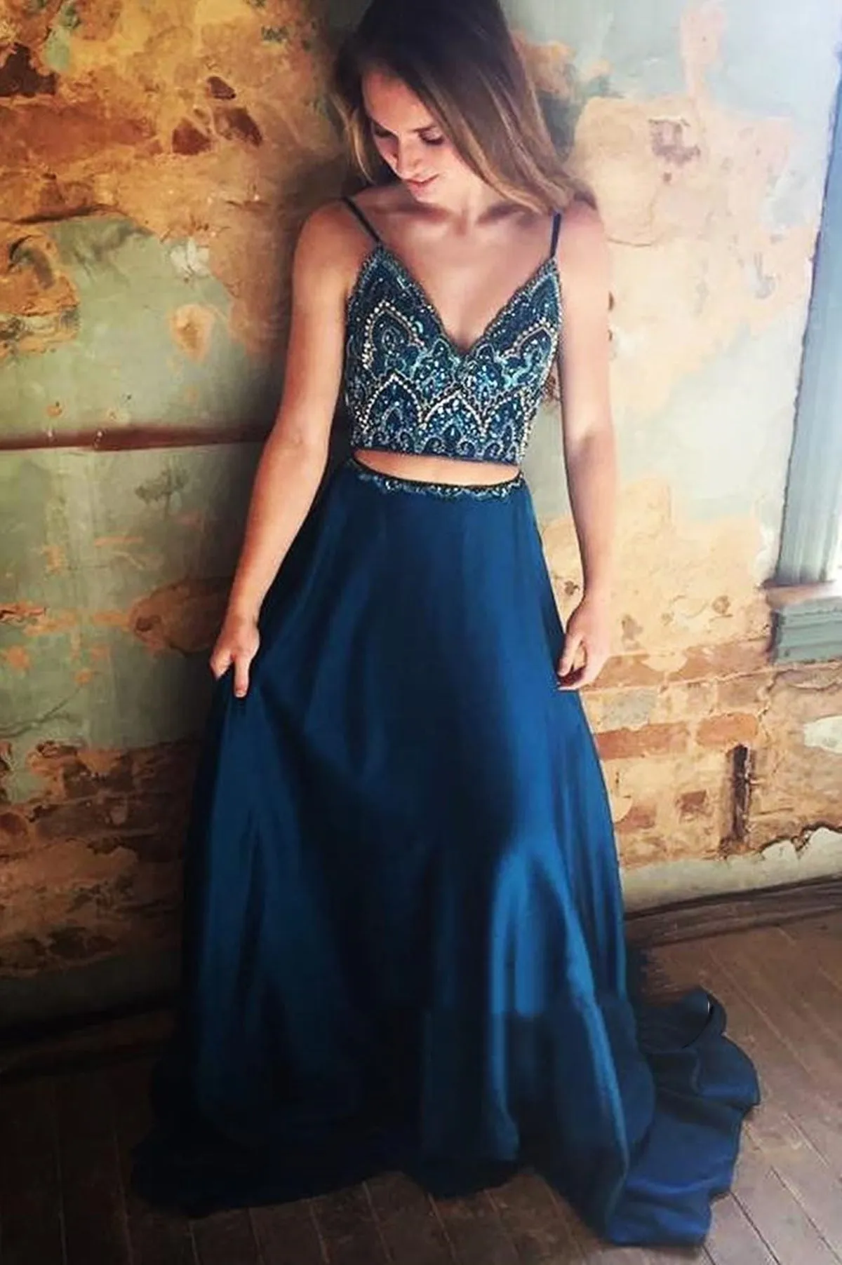 A Line 2 Pieces Navy Blue Prom Dress, Dark Blue 2 Pieces Formal Dress, Blue Evening Dress