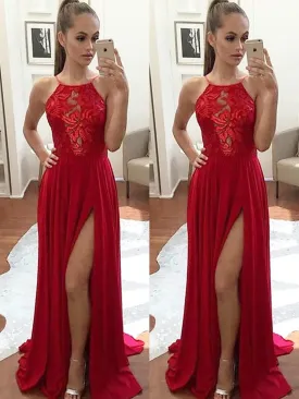 A-Line Halter Red Halter High Slit Prom Dresses, Sexy Formal Dresses