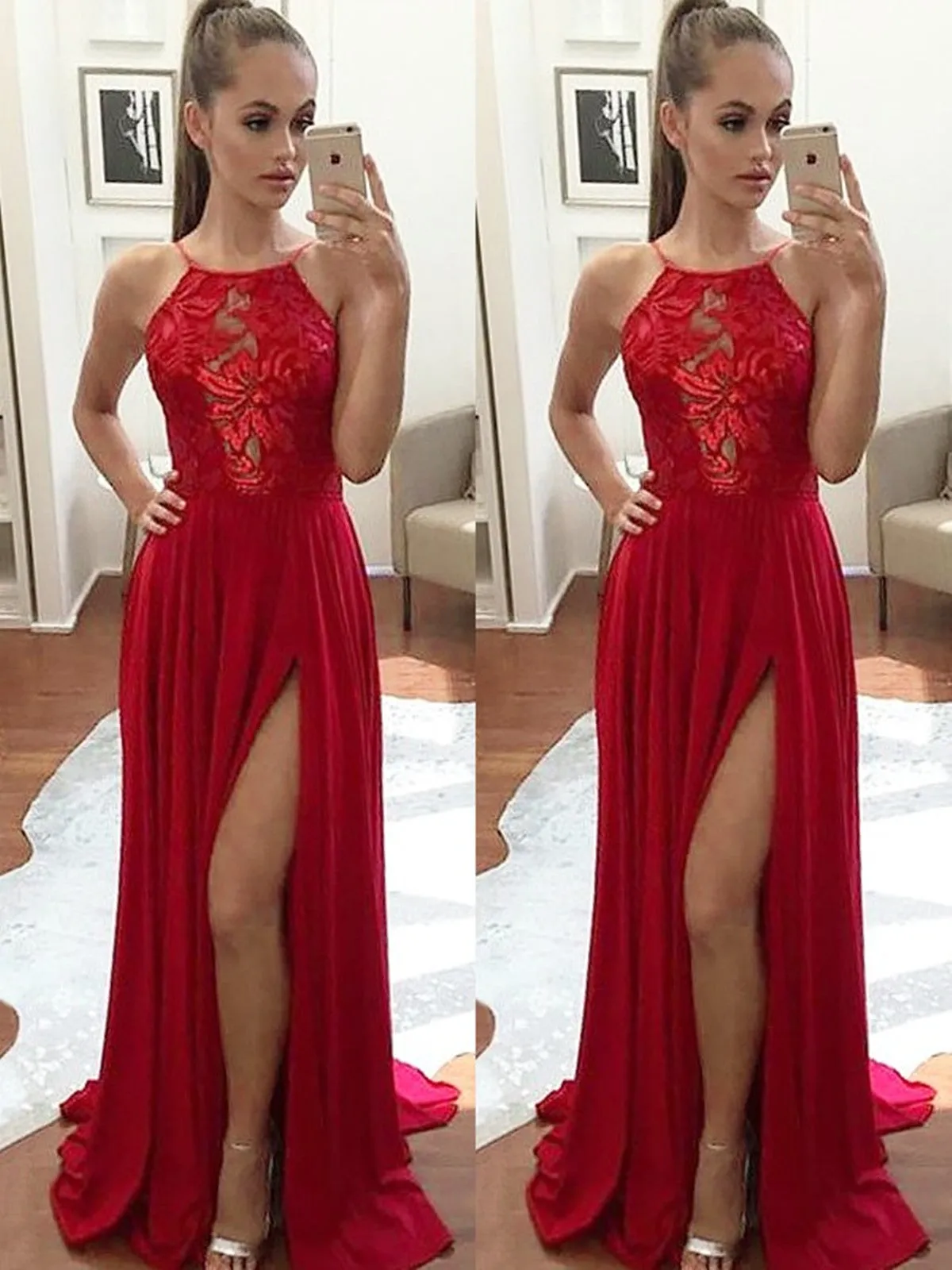 A-Line Halter Red Halter High Slit Prom Dresses, Sexy Formal Dresses