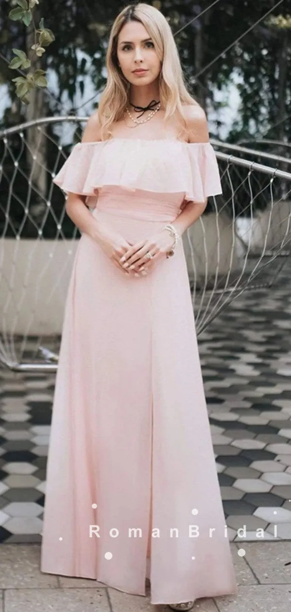 A-Line Off The Shoulder Light Pink Chiffon Long Prom Dresses With Ruffles,RBPD0049