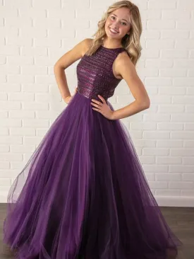 A-Line Scoop Neck Tulle Long Prom Dresses,SFPD0092