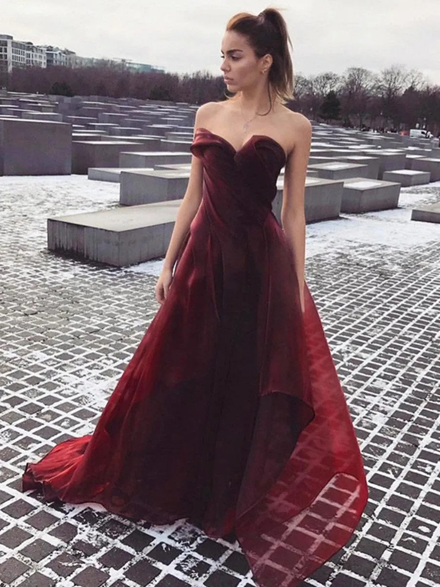 A Line Sweetheart Neck Sweep Train Maroon Prom Dress, Maroon/Burgundy Formal Dress