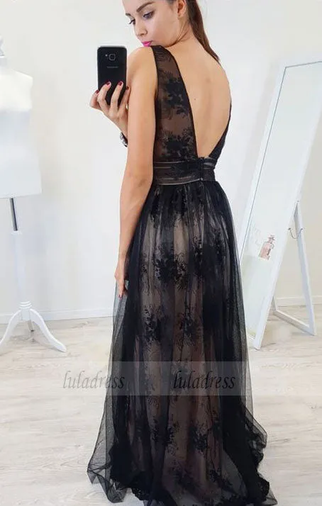 A-Line V-Neck Backless Floor-Length Black Prom Dress with Appliques Beading,BD99545