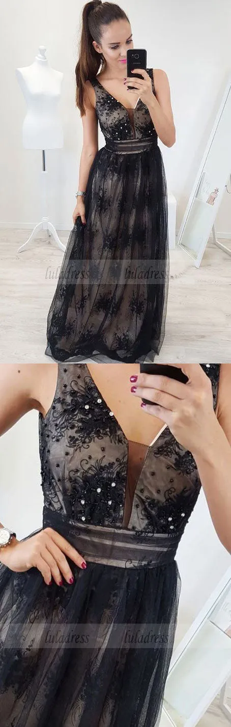 A-Line V-Neck Backless Floor-Length Black Prom Dress with Appliques Beading,BD99545