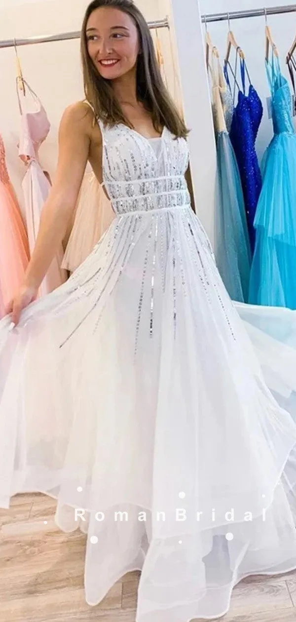 A-Line V-Neck Sleeveless White Long Prom Dresses With Beading,RBPD0081