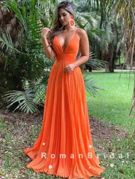 A-Line V-Neck Spaghetti Straps Chiffon Long Prom Dresses With Pleats,RBPD0054