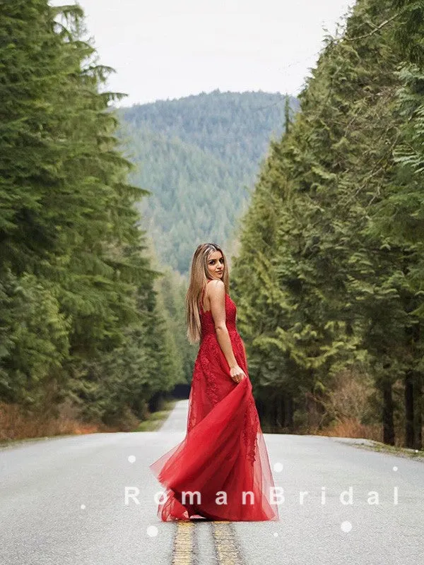 A-Line V-Neck Spaghetti Straps Red Tulle Long Prom Dresses With Lace,RBPD0064