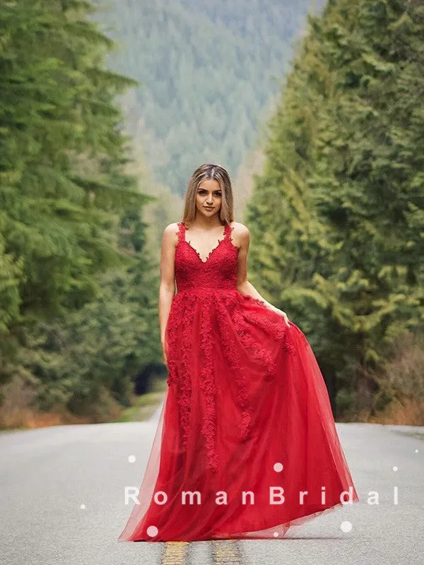 A-Line V-Neck Spaghetti Straps Red Tulle Long Prom Dresses With Lace,RBPD0064