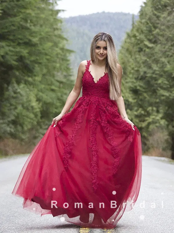 A-Line V-Neck Spaghetti Straps Red Tulle Long Prom Dresses With Lace,RBPD0064