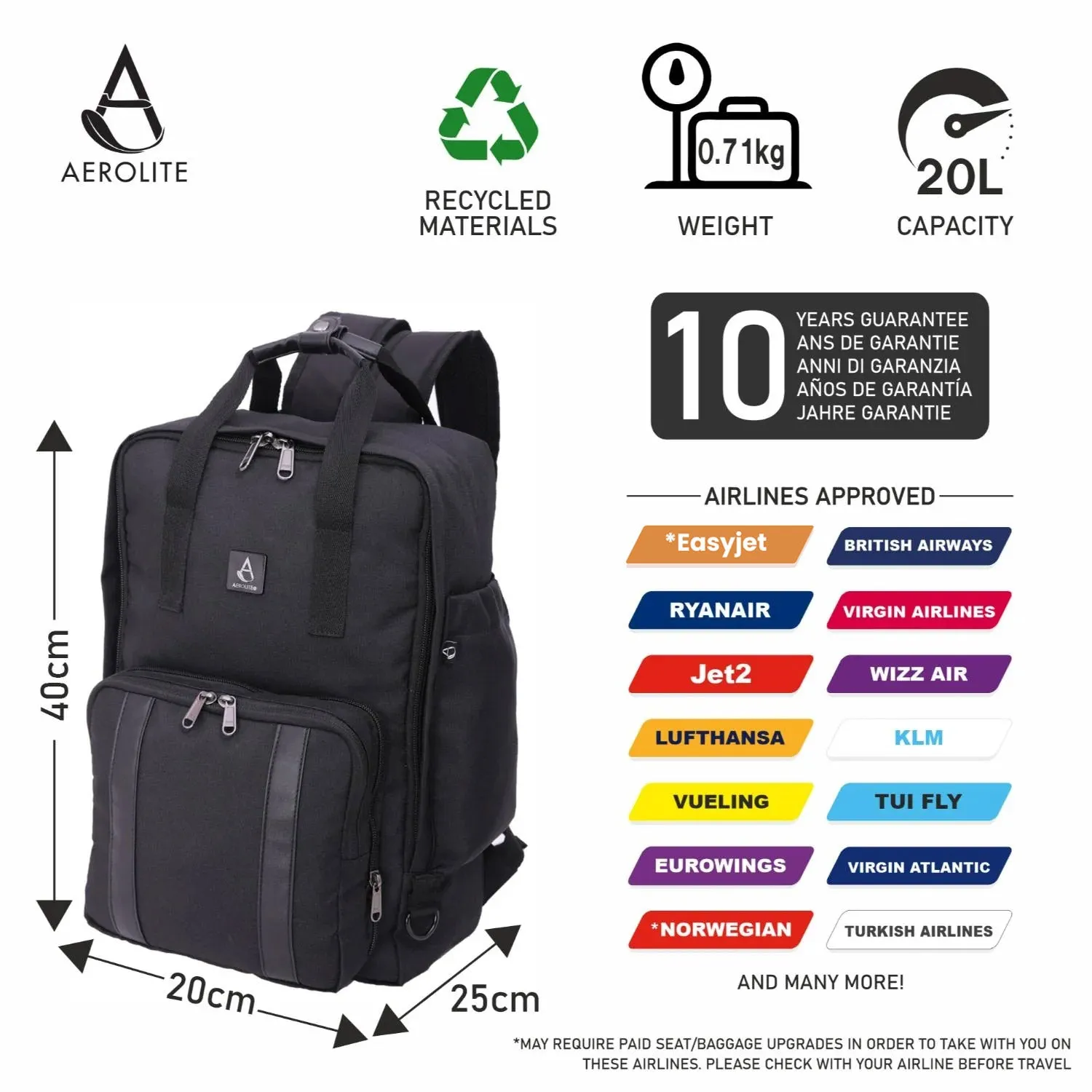 Aerolite 40x20x25cm Ryanair Maximum Premium Eco-Friendly Backpack With Removable Small Carry Pouch, Shower-Resistant Cabin Rucksack with 10 Years Brand Warranty