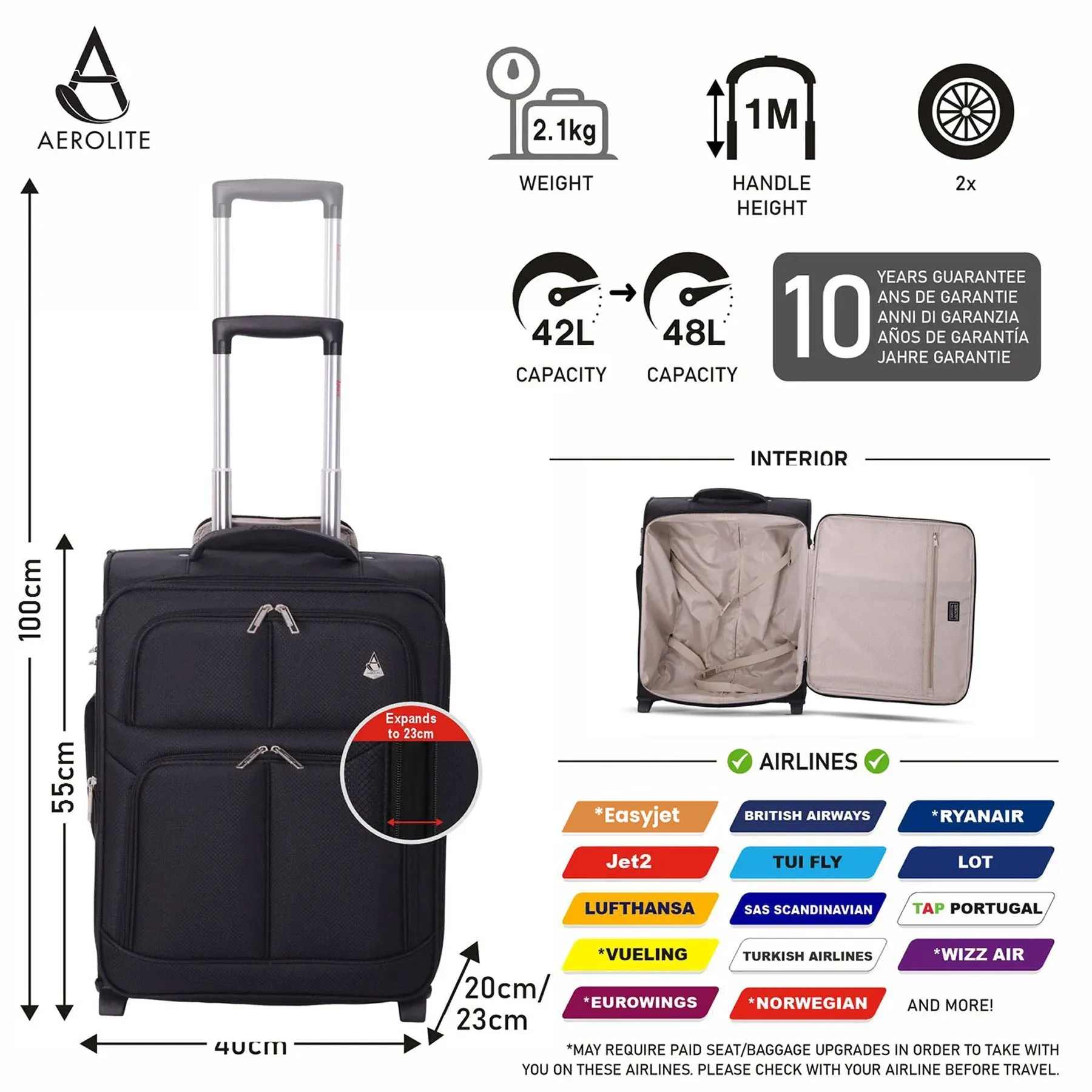 Aerolite Expandable (55x40x20cm) to (55x40x23cm) Ryanair (Priority) Maximum Allowance Lightweight Cabin Hand Luggage 2 Wheels, Maximum Size for Ryanair Priority, Wizz Air Priority, Lufthansa (Set of 2)