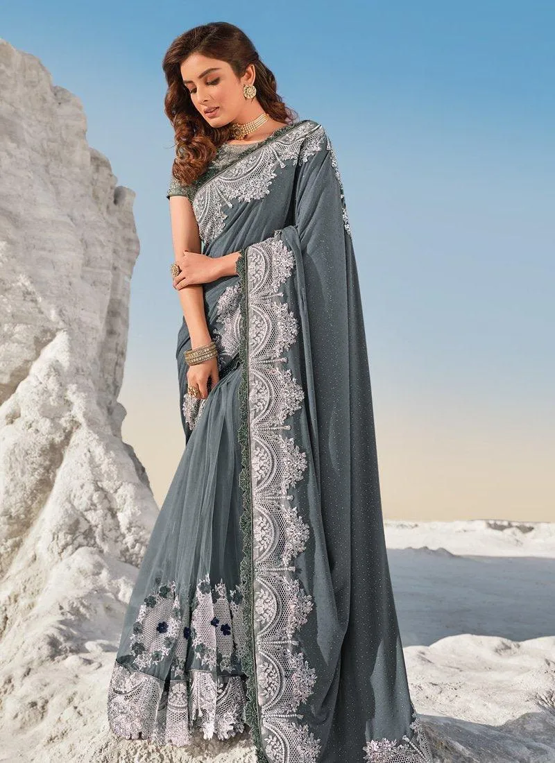 Astonishing Look Grey Color Soft Net Base Stone Work Embroidered Saree