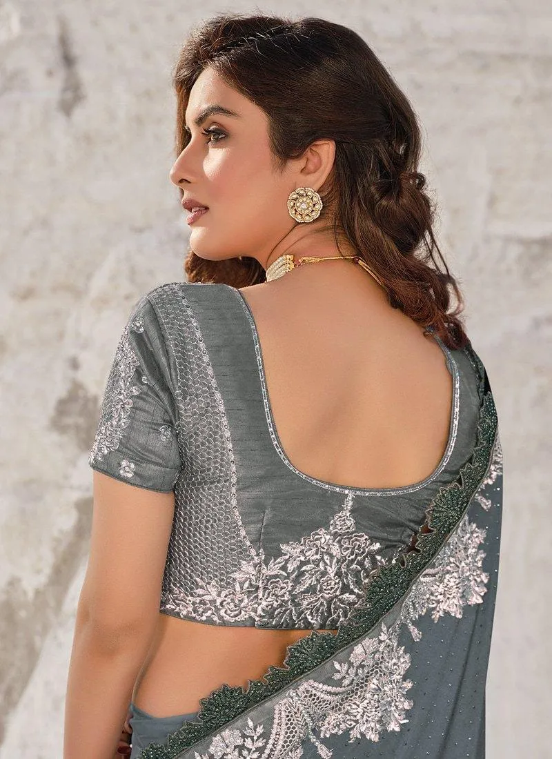 Astonishing Look Grey Color Soft Net Base Stone Work Embroidered Saree