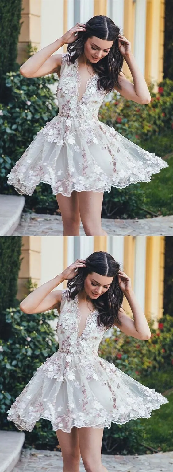 beautiful v-neck flower appliques white short homecoming dresses, HD194