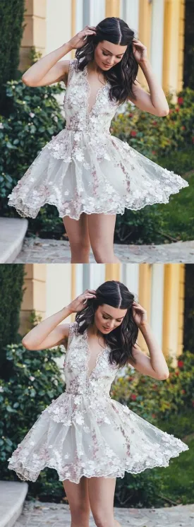 beautiful v-neck flower appliques white short homecoming dresses, HD194