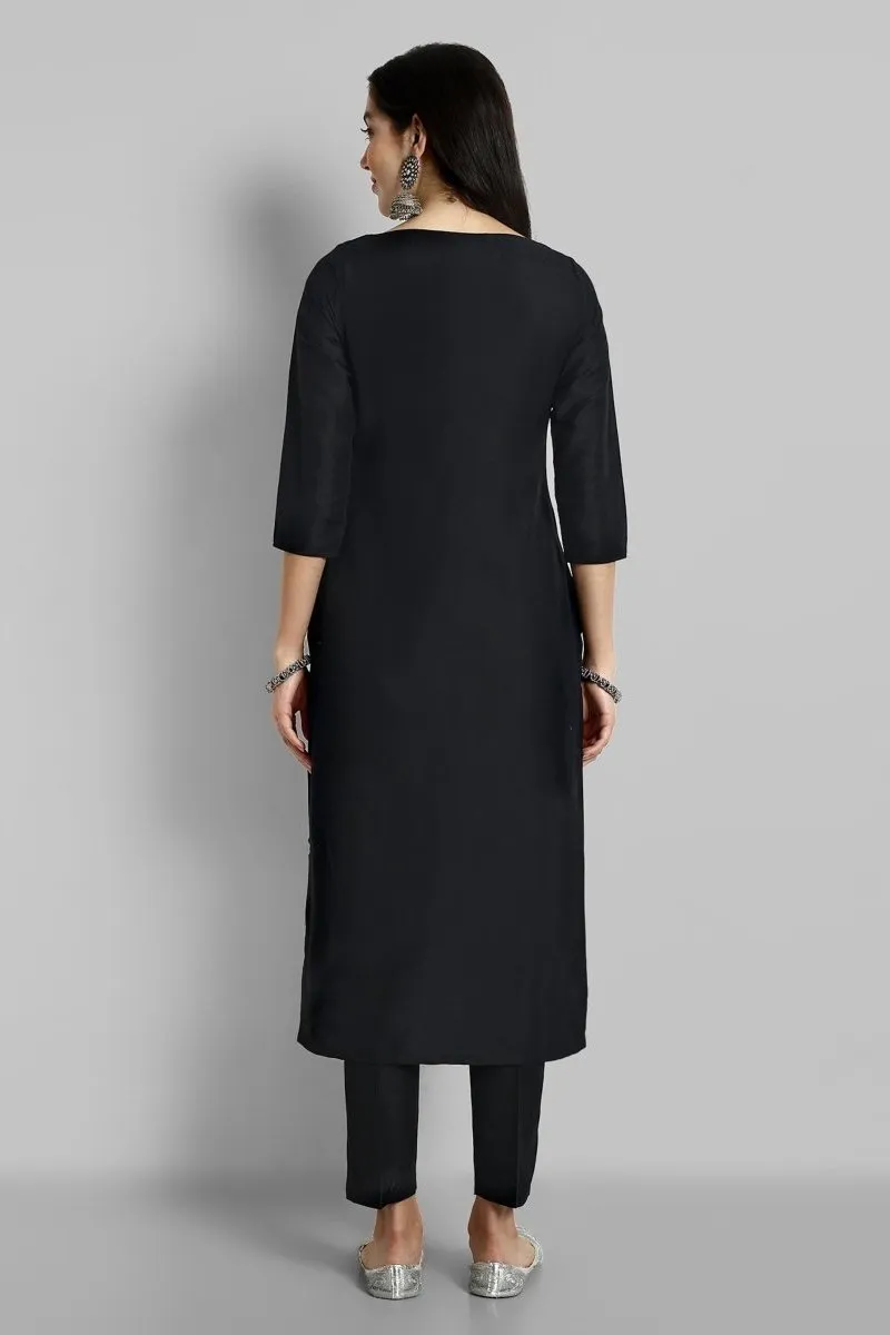 Black Boat Neck Key hole Cotton silk kurta