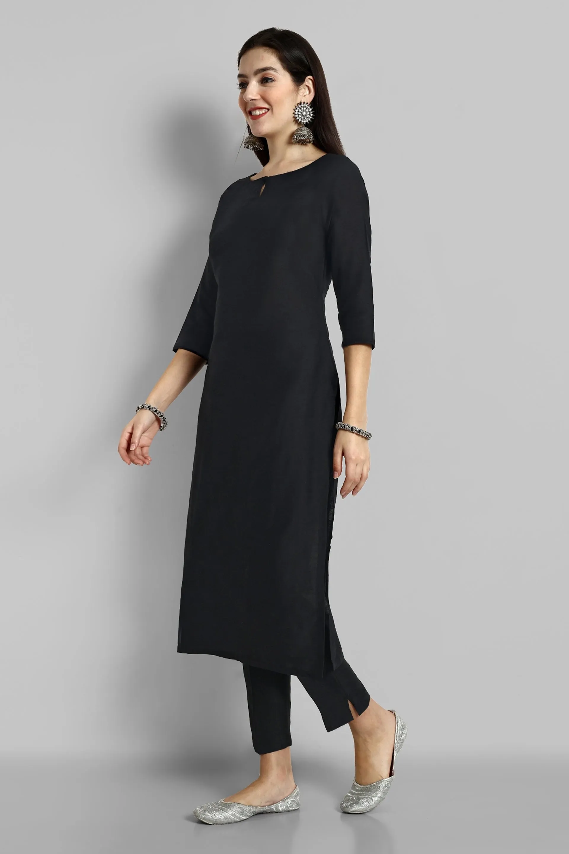 Black Boat Neck Key hole Cotton silk kurta