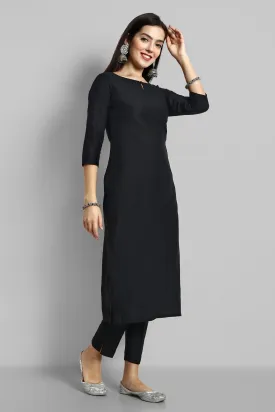 Black Boat Neck Key hole Cotton silk kurta