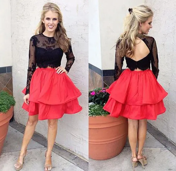 Black Lace Red Skirt Two Piece Long Sleeves Homecoming Dress, SH264