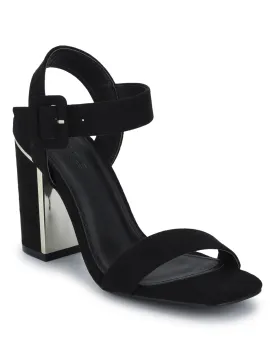 Black Micro Thick Ankle Strap Block Heels