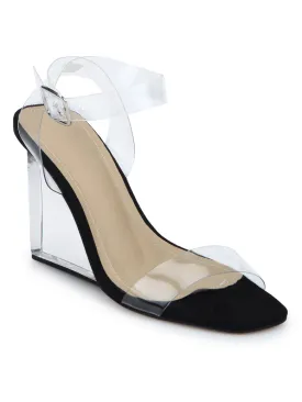 Black PU Ankle Strap Perspex Wedges