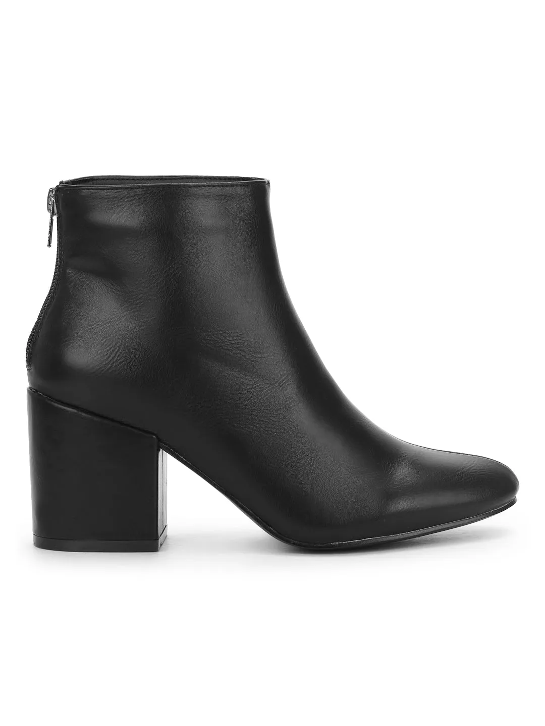 Black PU Back Zipper Low Heel Ankle Boots