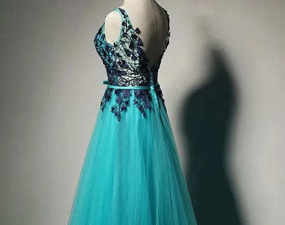 Blue Prom Dresses,Lace Prom Dresses,Black Evening Gowns,Tulle Formal Gown,SIM608