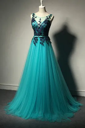 Blue Prom Dresses,Lace Prom Dresses,Black Evening Gowns,Tulle Formal Gown,SIM608