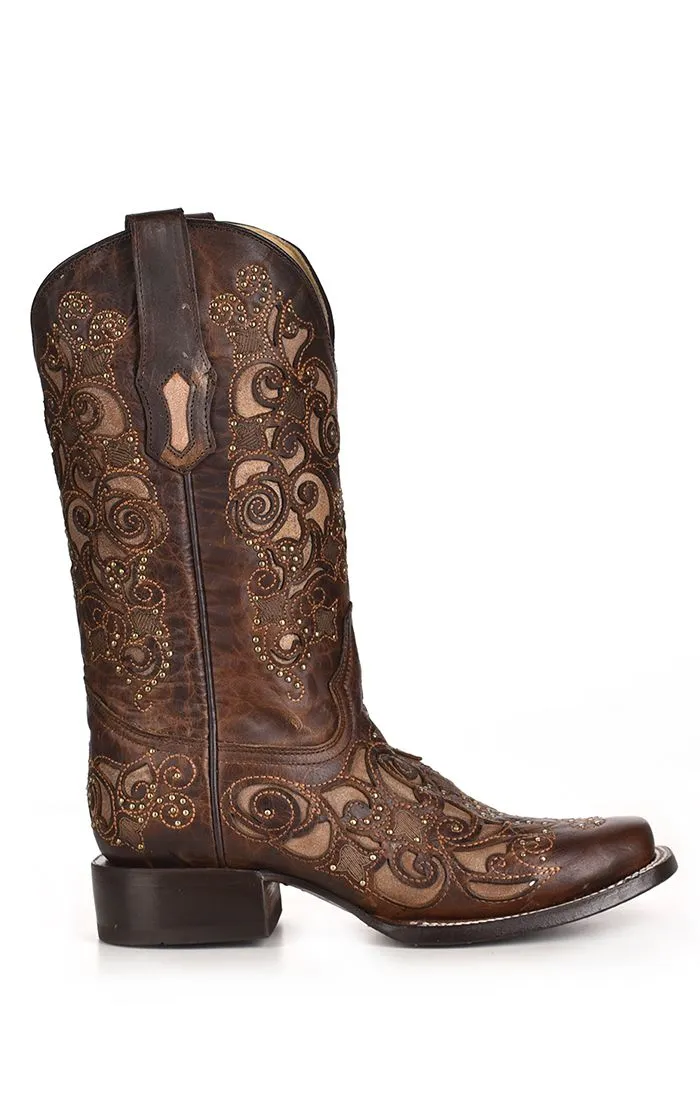 Brown Inlay Studs & Embroidery Western Boot - Corral Boots at Bourbon Cowgirl