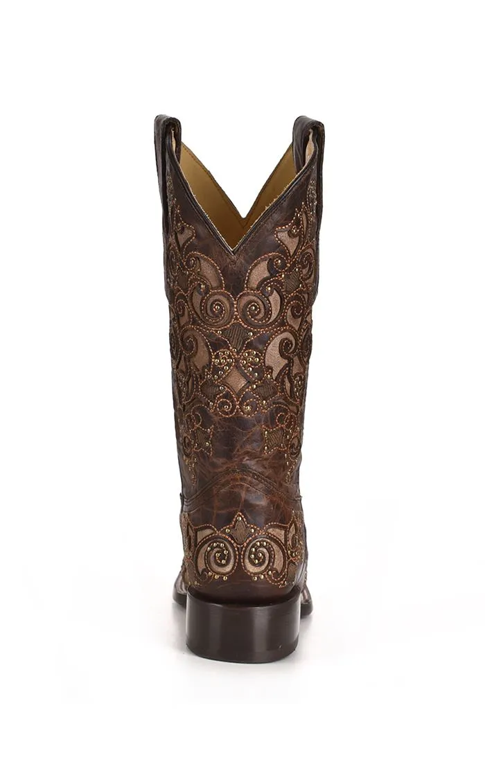 Brown Inlay Studs & Embroidery Western Boot - Corral Boots at Bourbon Cowgirl