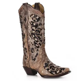 Brown Inlay with Glitter, Crystals & Embroidery Western Boot - Corral Boots at Bourbon Cowgirl