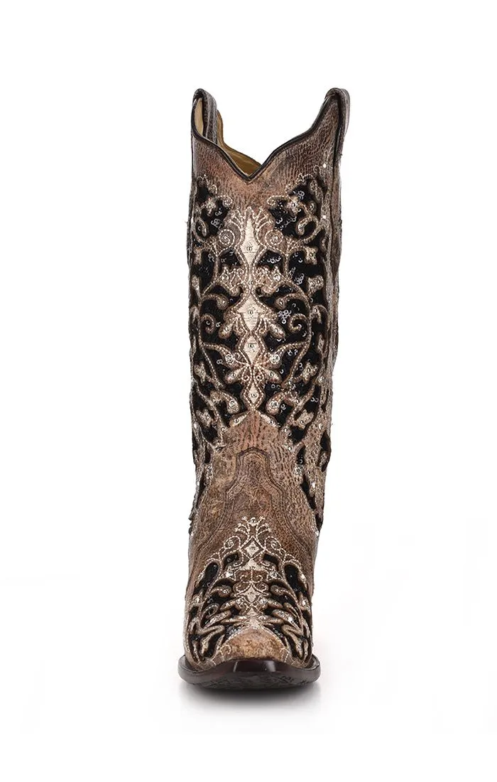 Brown Inlay with Glitter, Crystals & Embroidery Western Boot - Corral Boots at Bourbon Cowgirl