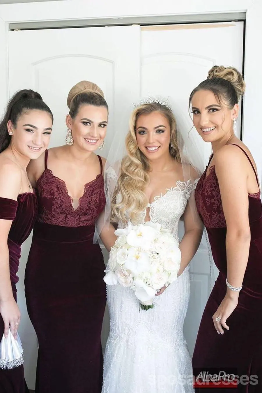 Burgundy Mermaid Spaghetti Straps V-neck Long Bridesmaid Dresses Online,WG1165