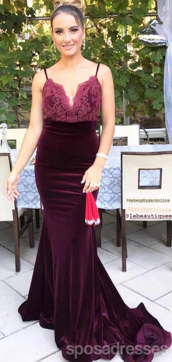 Burgundy Mermaid Spaghetti Straps V-neck Long Bridesmaid Dresses Online,WG1165