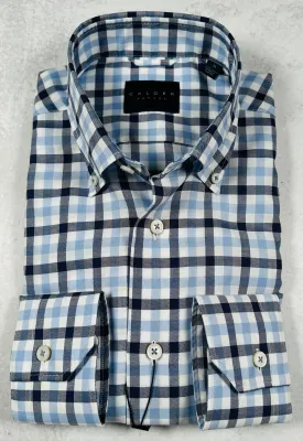 Calder Carmel Melange Twill Exploded Gingham Sport Shirt in Sky Blue