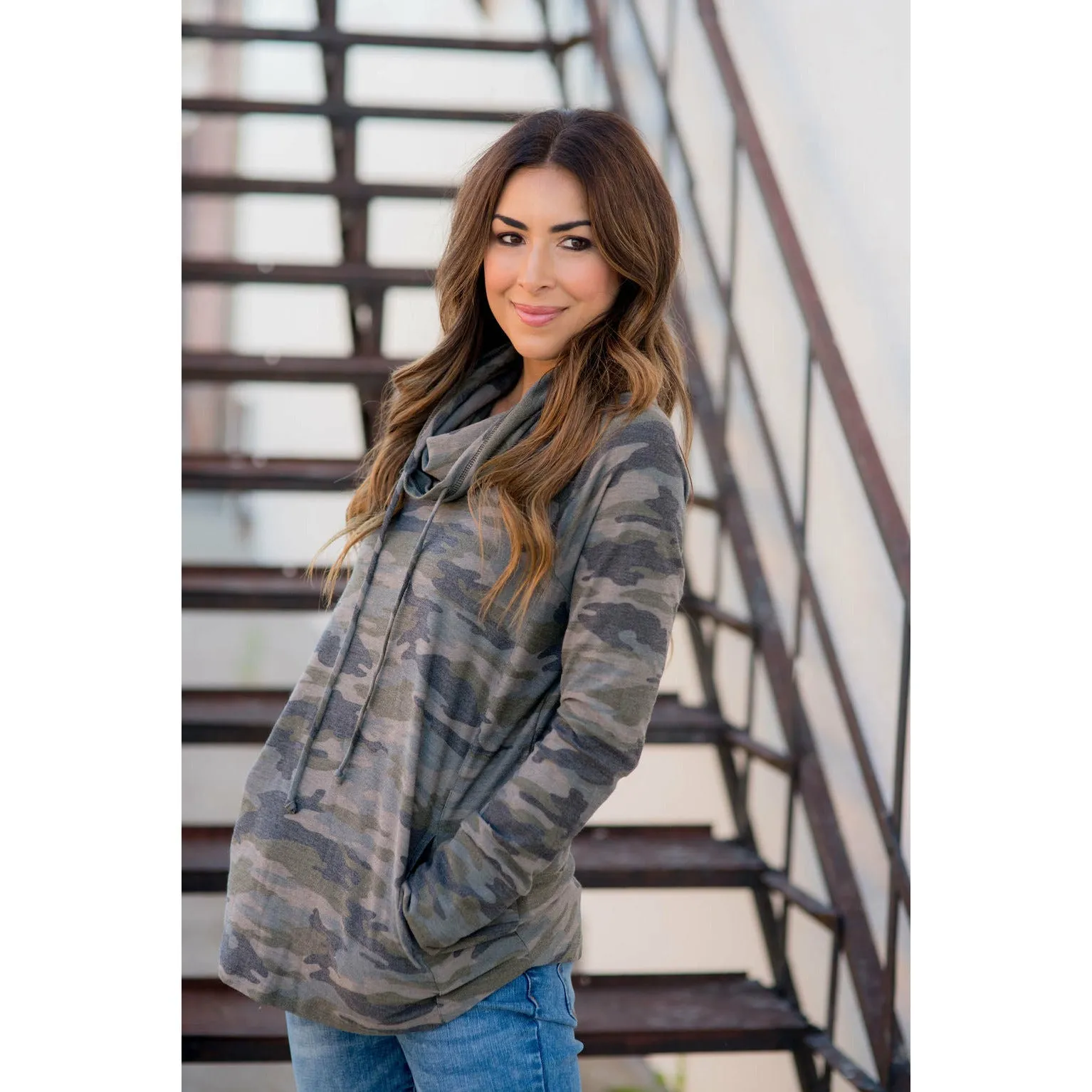 Camo Cowl Neck Pocket Sweatshirt