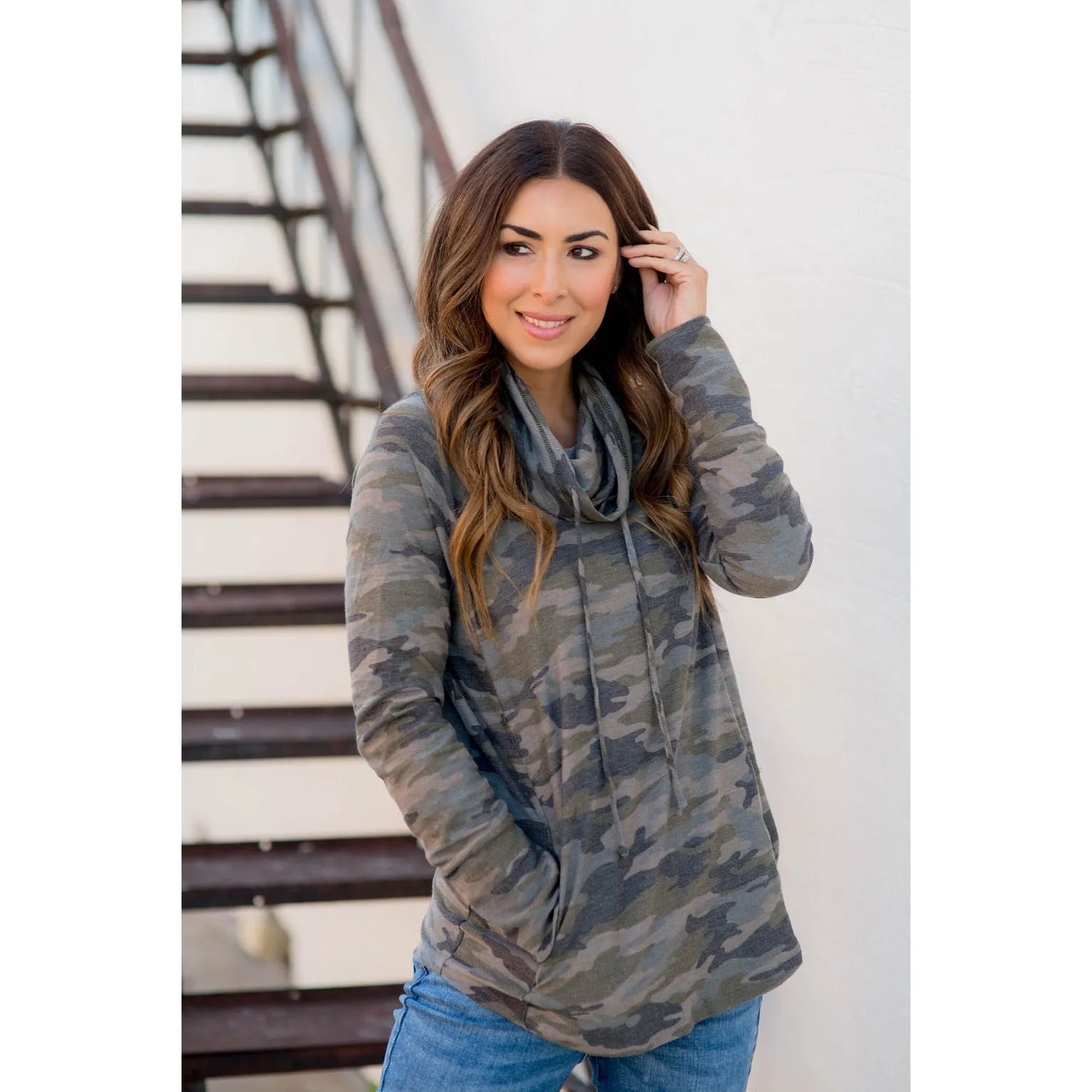 Camo Cowl Neck Pocket Sweatshirt