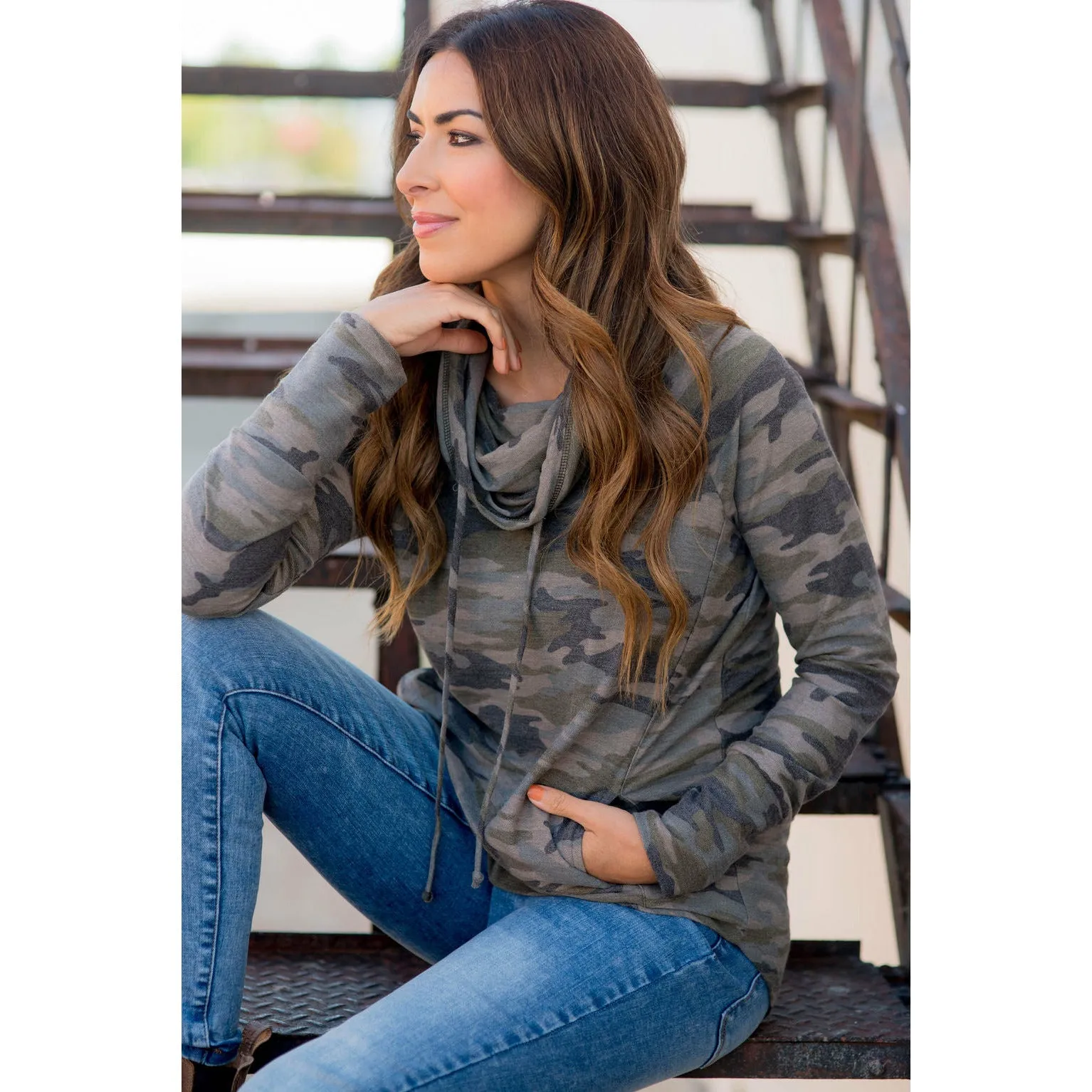 Camo Cowl Neck Pocket Sweatshirt