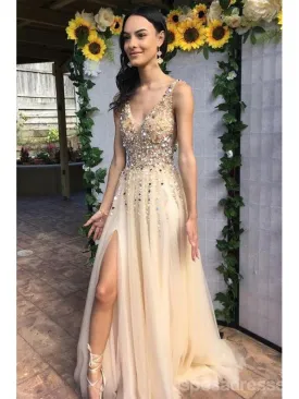 Champagne A-line V-neck High Slit Long Prom Dresses Online, Dance Dresses,12660