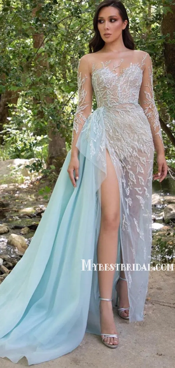 Charming See-through Mermaid Side Slit Tulle Long Prom Dresses, PDS0189