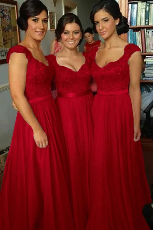 Chiffon Long Bridesmaid Dress with Beading,Simple A-line Cap Sleeve Bridesmaid Dress,SVD458