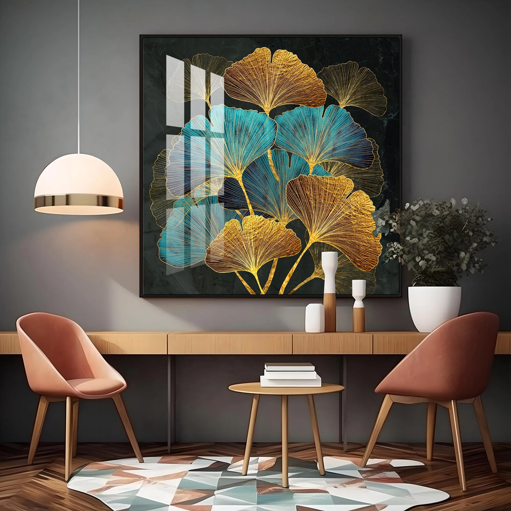 Colorful Leaves Biloba Luxury Crystal Square Wall Art