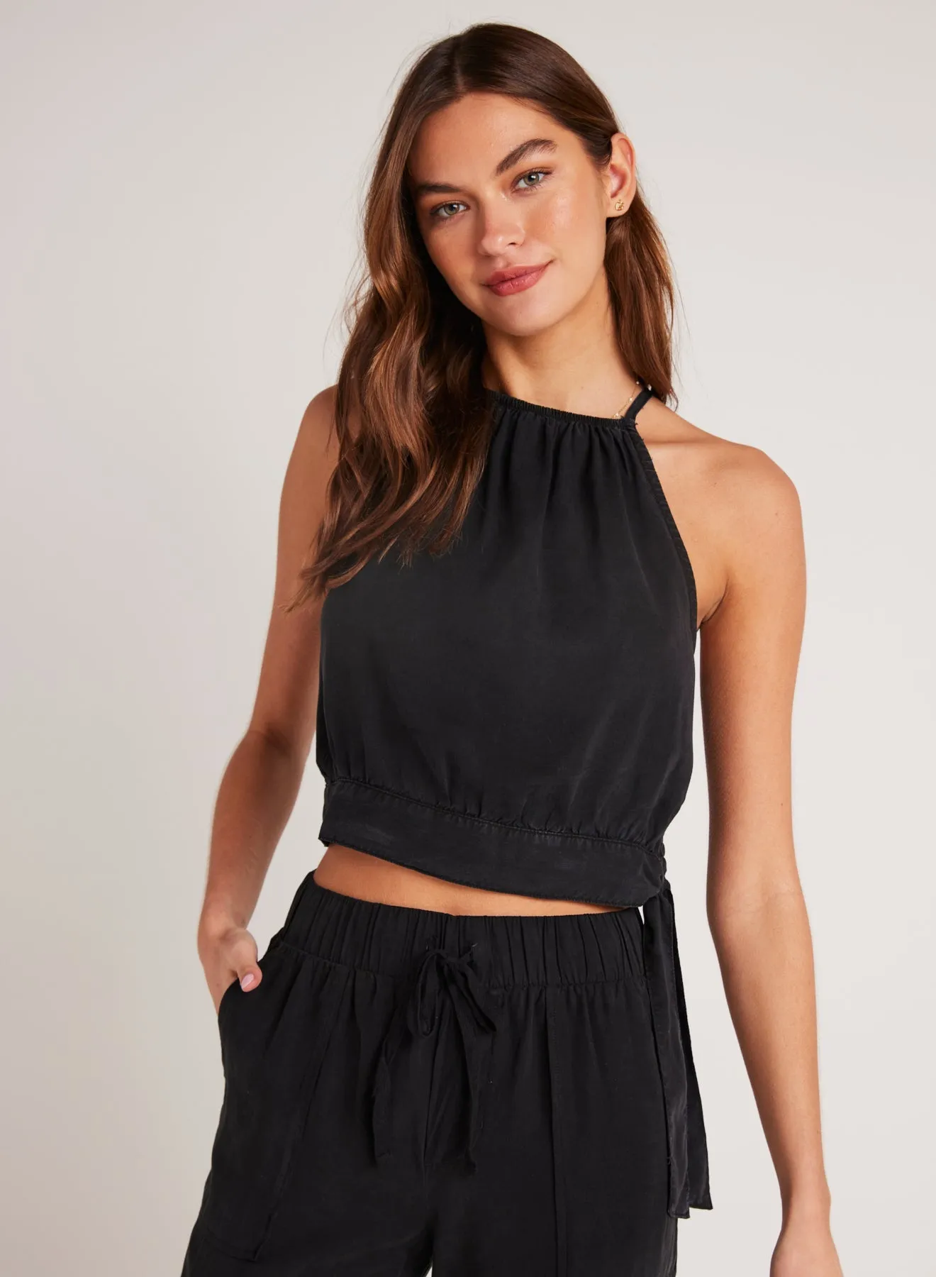 Cropped Side Tie Halter - Black