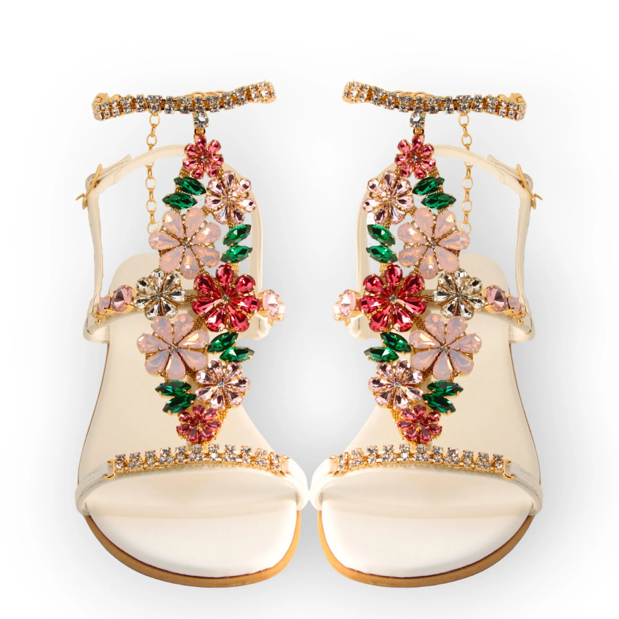 Daisy Bouquet, Jewel Sandal With Crystal Flowers And Block Heel