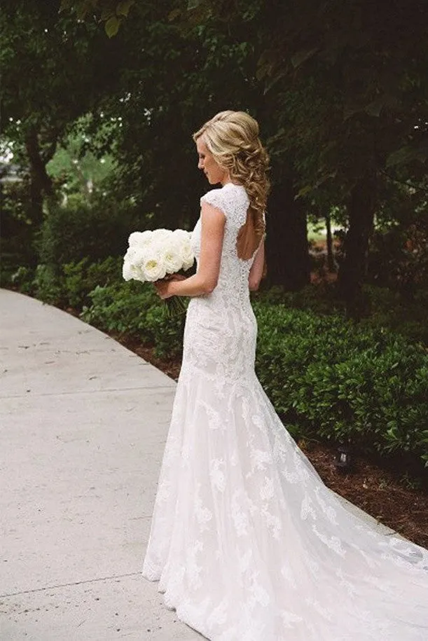 Elegant Lace Wedding Dresses with Appliques, Wedding Gowns With Zipper Button,SW13