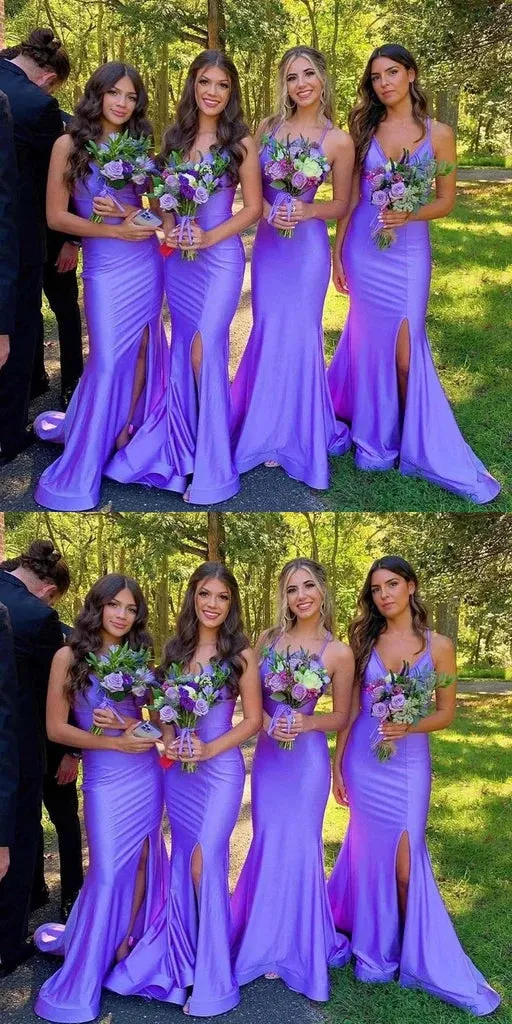 Elegant Mermaid Side Slit V-neck Satin Long Bridesmaid Dresses Online, BG705